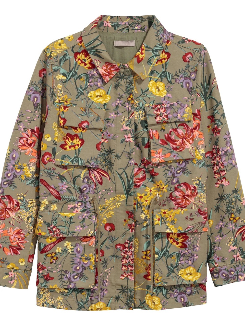 H&M Olive Green Khaki Cargo Utility Style Multicolor Floral Jacket Size 16